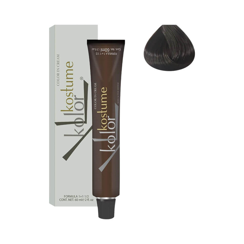 Tonalizante Kostume Kolor 4/0 Castanho Médio embalagem e amostra de cor